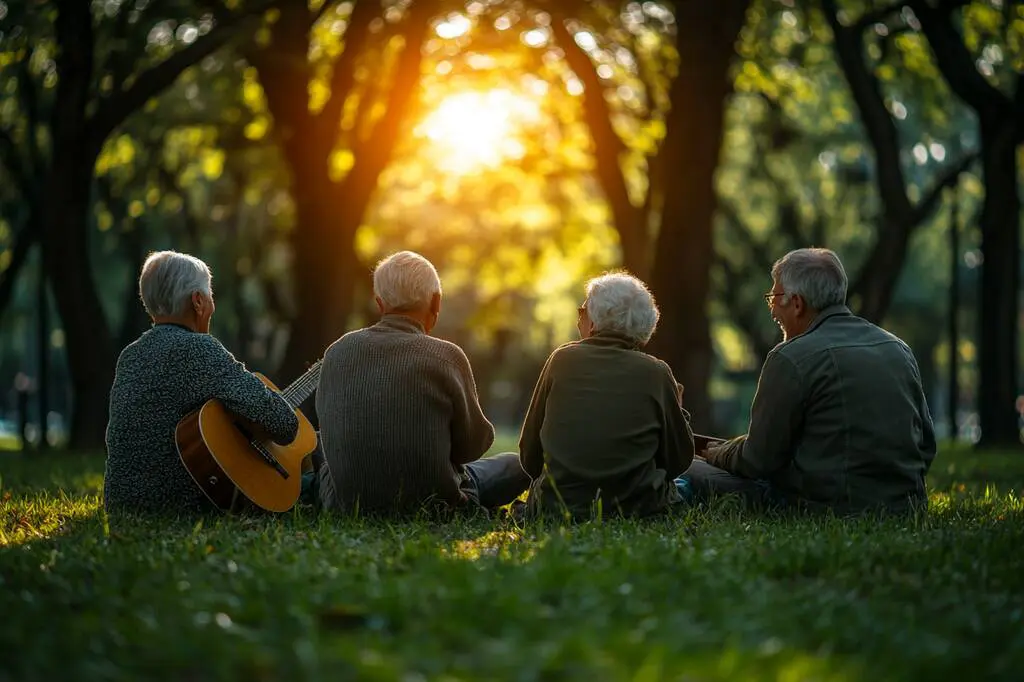 senior group playing guitar outside in nature